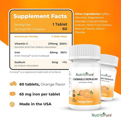 Chewable Iron 65 mg with Vitamin C 270 mg (for Women/Men) |60 Days Supply | No Sugar- Zesty Orange Flavor Supplement 60 Count