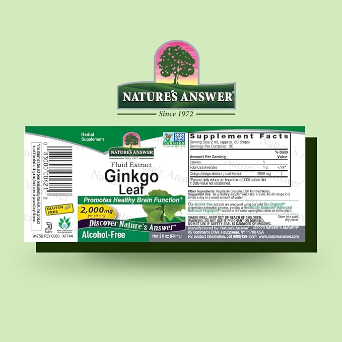 Nature's Answer Alcohol-Free Ginkgo Leaf 2000mg 2oz Extract | Stimulates Memory, Mood & Concentration | Gluten-Free, Kosher Certified & No Preservatives | Single Count