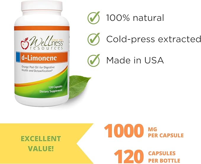 Wellness Resources High Potency d-Limonene Capsules 1000mg, 120 Capsules - Orange Peel Extract for Digestive Health, Heartburn, Acid Reflux, Detoxification