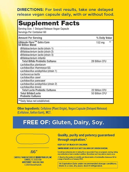 Ultimate Flora Probiotics 50 Billion CFU Delayed Release Vegan Capsules | Extra Care | Digestive Health | Immune Health | Dairy Free | 60 Count