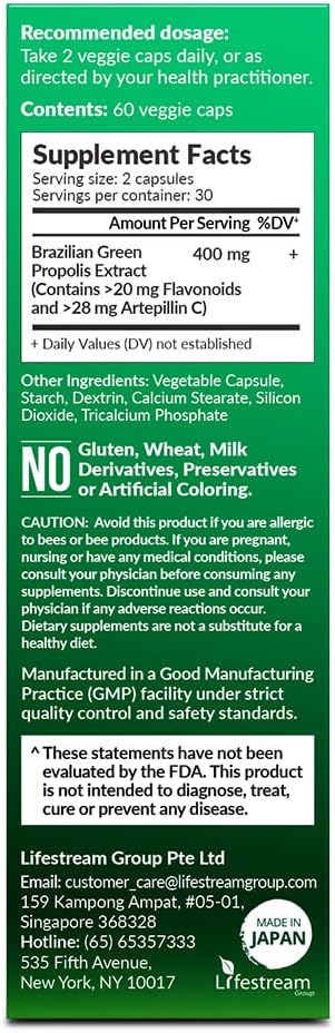 LABO Nutrition Brazilian Green Propolis Ultimate - Contains >7% or 28mg per Serving Artepillin C & >5% Flavonoids, for Immune & Brain Support, Natural, High Concentrate & Premium, 60 Veg Capsules