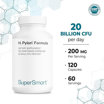 Supersmart H. Pylori Formula 20 Billion CFU per Day - Probiotic Lactobacillus Reuteri DSM 17648 Supplement | Non-GMO & Gluten Free - 120 Vegetarian Capsules