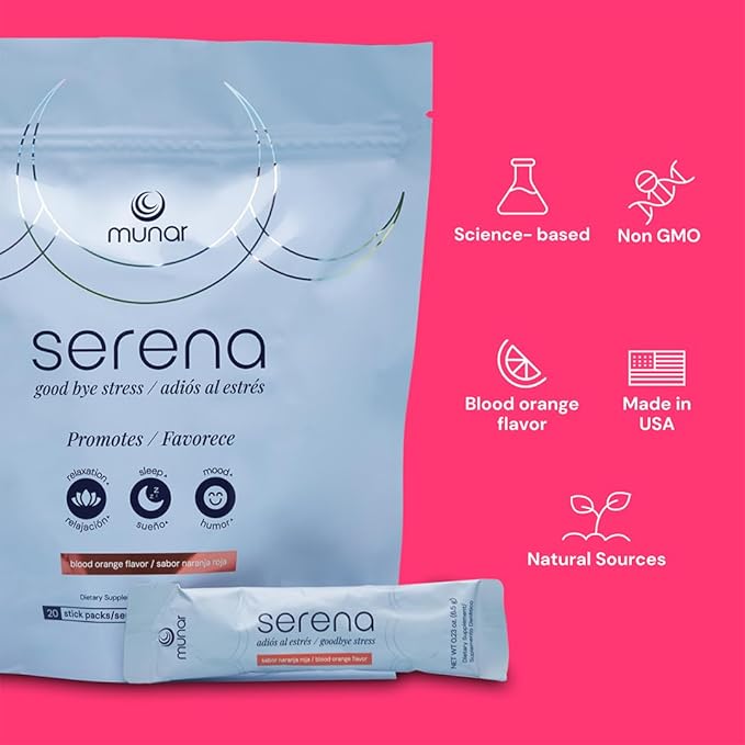 Munar Serena Magnesium Drink Mix, Blood Orange, Magnesium Glycinate and Ashwagandha Supplement, L Theanine – Calm Support, Stress Relief, Mood Boost, and Sleep Aid – 20 On-The-Go Stick Packs