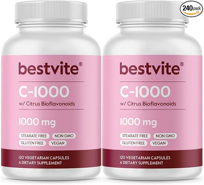 BESTVITE Vitamin C 1000mg (240 Vegetarian Capsules) (120 x 2) with Citrus Bioflavinoids - No Stearates - Vegan - Non GMO - Gluten Free