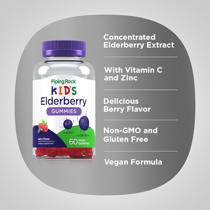 Piping Rock Kids Elderberry Gummies | 60 Count | with Vitamin C and Zinc | Berry Flavor Vitamins | Vegan, Non-GMO, Gluten Free Supplement