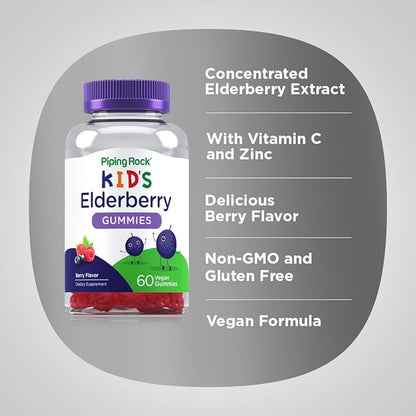 Piping Rock Kids Elderberry Gummies | 60 Count | with Vitamin C and Zinc | Berry Flavor Vitamins | Vegan, Non-GMO, Gluten Free Supplement