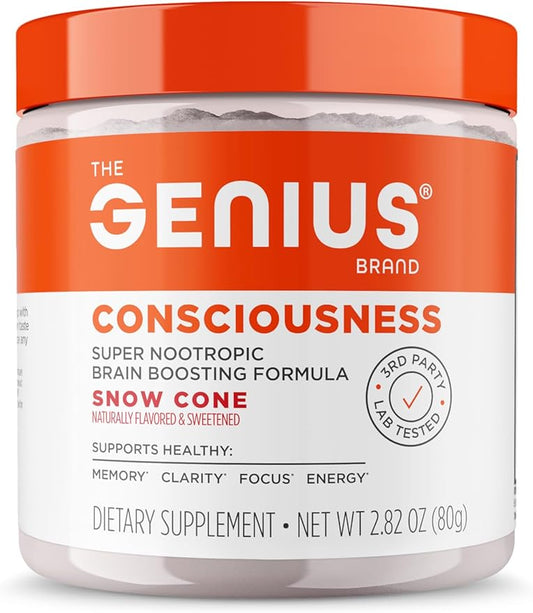 Genius Consciousness - Premium Nootropic Powder for Focus, Memory & Mental Clarity - AlphaSize, NeuroFactor, Lion’s Mane & Dynamine - Natural Brain Booster for Studying, Work & Creativity – Snow Cone