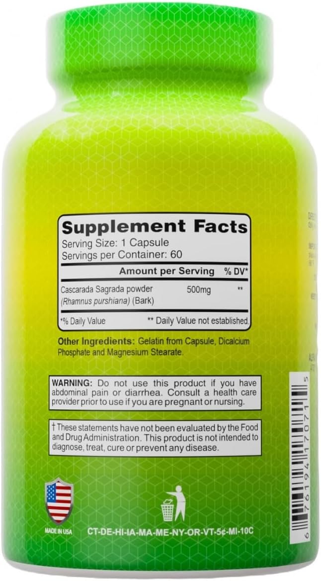 Alfa Vitamins Cascara Sagrada Herbal Supplement 500 MG - Helps Support Digestive System Function - Promotes Regularity - Detox/Cleanse - Supports Healthy Colon - 60 Capsules