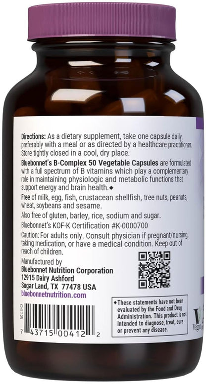 Bluebonnet Vitamin B Complex Full Spectrum B Vitamins - Energy Support - Complete Vit B Inositol Biotin Riboflavin Folate as Folic Acid Choline B6 & B12 - Vegan, Gluten-Free - 100 Vegetable Capsules