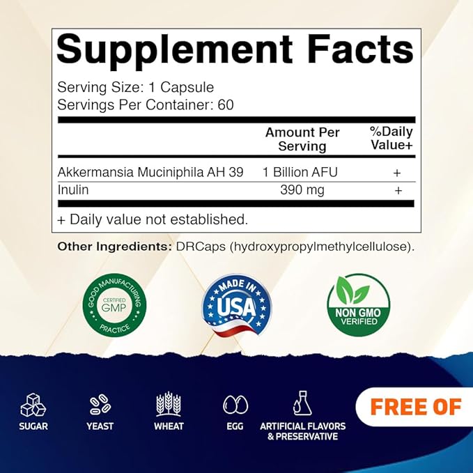 Vitamatic Akkermansia Muciniphila Gut Health - 60 DR Capsules (Delayed Released) - Made with Prebiotic Inulin Fiber
