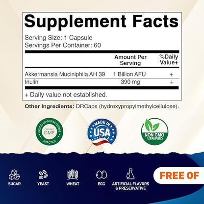 Vitamatic Akkermansia Muciniphila Gut Health - 60 DR Capsules (Delayed Released) - Made with Prebiotic Inulin Fiber