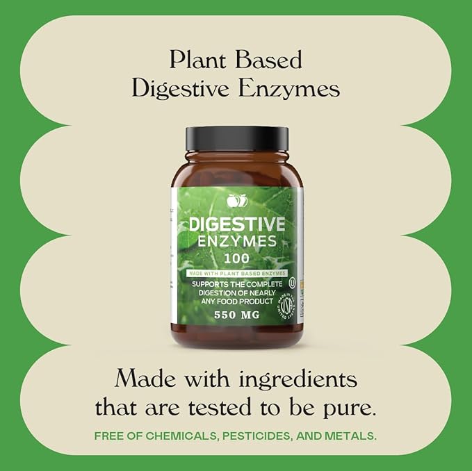 Digestive Enzymes Supplements, Natural Plant Based Superfood - 100 Capsules 600mg Probiotics Amylase Bromelain Lipase