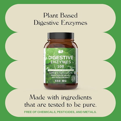 Digestive Enzymes Supplements, Natural Plant Based Superfood - 100 Capsules 600mg Probiotics Amylase Bromelain Lipase
