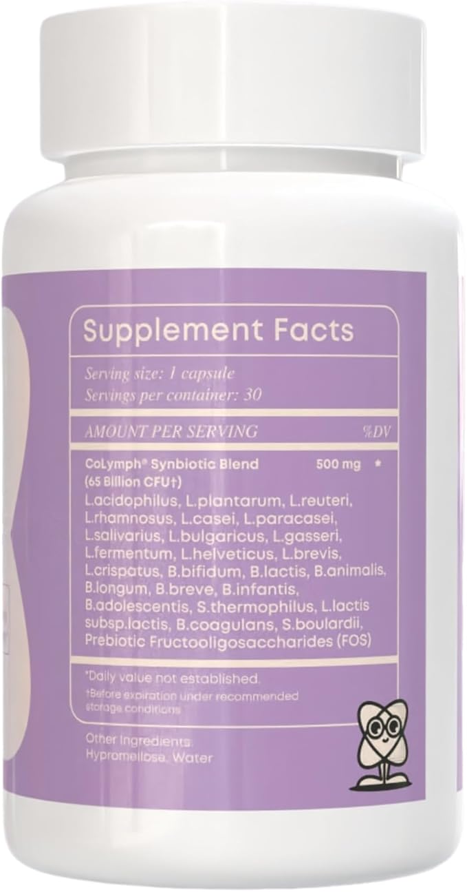CoLymph® Daily Synbiotic Upgraded 24 Strains, 65 Billion CFU, High Potency Prebiotics + Probiotics | Non-Dairy, Supports Gut Health, Digestion, Bloating, Mood, 30 Vegan Capsules