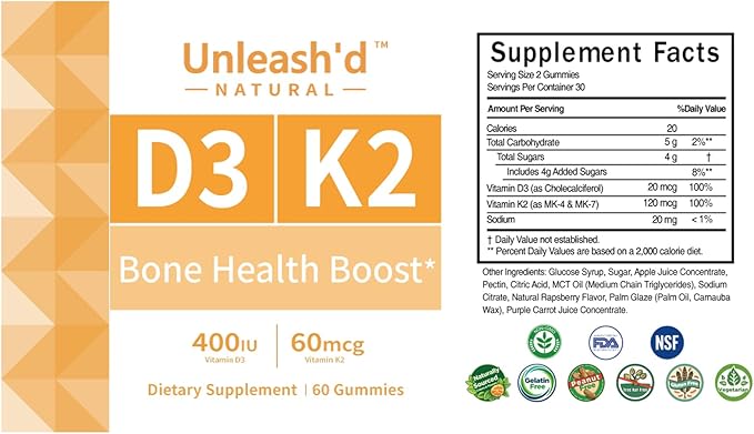 Unleash'd Vitamin D3 K2 Gummies 60 Count