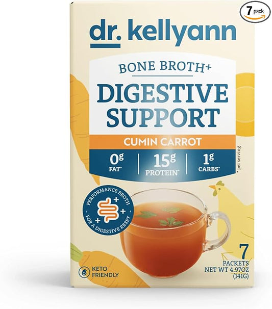 Dr. Kellyann Bone Broth + Digestive Support Collagen Powder Packets (7 Servings, 1 Box), 16g Protein/Serving, 100% Grass-Fed Hydrolyzed Collagen Powder, Keto & Paleo Friendly - Cumin Carrot
