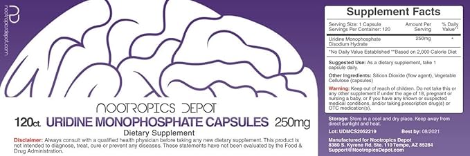 Nootropics Depot | Uridine Monophosphate Capsules | 120 Count | 250mg