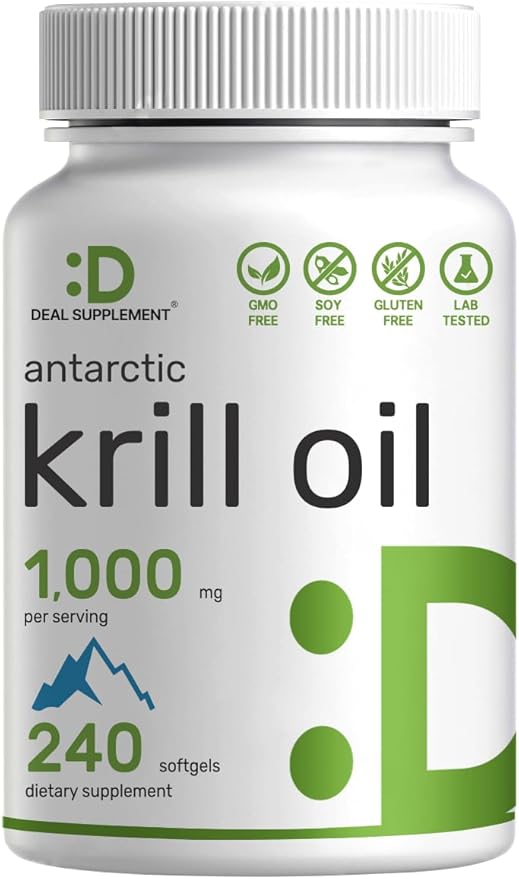 DEAL SUPPLEMENT Antarctic Krill Oil, 1,000mg Per Serving, 240 Softgels – Mercury Free, No Fishy Taste – Rich in Omega-3s, EPA, DHA, Astaxanthin, & Phospholipids – Non-GMO, No Gluten