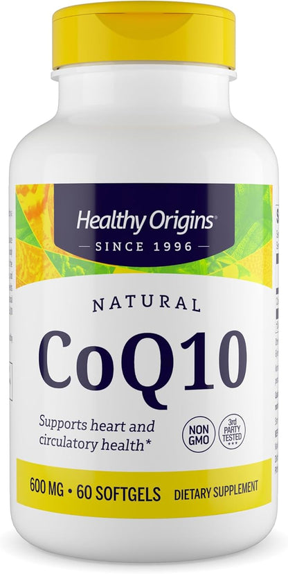 Healthy Origins® CoQ10 600 mg – Natural Trans-Isomer Ubiquinone – Yeast Fermented, Supports Heart Health & Cellular Energy – Non-GMO 60 Softgels