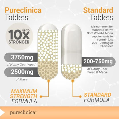 pureclinica 10X Horny Goat Weed & Maca Extract 6250mg x 180 Tablets (6 Months Supply) -10 X More Icariins - w/5mg Black Pepper Extract for 300% Increased Absorption