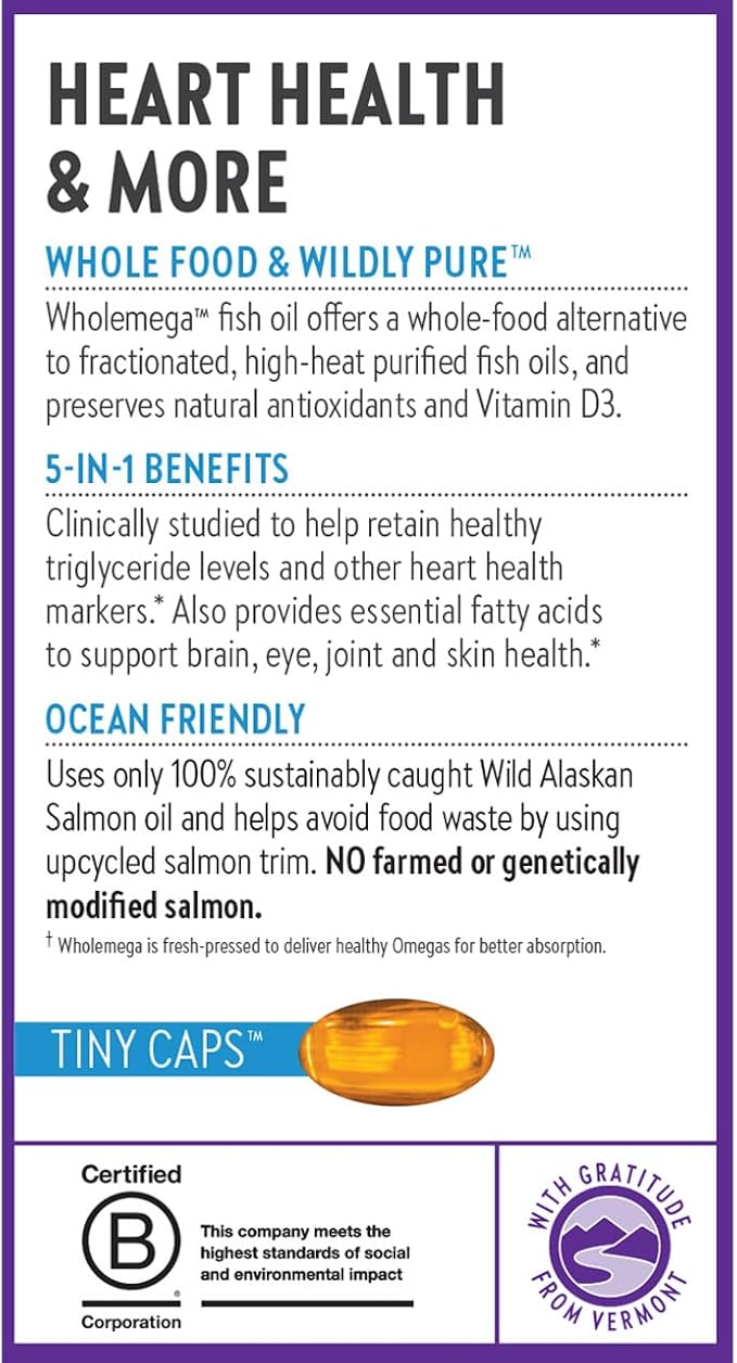 New Chapter Wholemega Fish Oil Supplement - Wild Alaskan Salmon Oil with Omega-3 + Vitamin D3 + Astaxanthin + Sustainably Caught - 90 ct Tiny Caps, 500mg Softgels