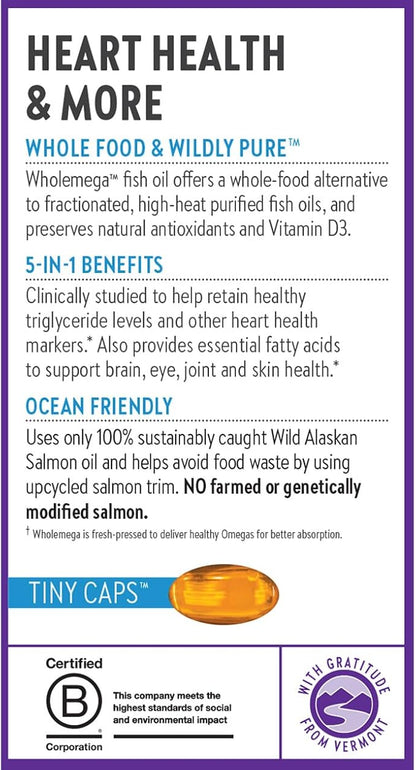 New Chapter Wholemega Fish Oil Supplement - Wild Alaskan Salmon Oil with Omega-3 + Vitamin D3 + Astaxanthin + Sustainably Caught - 90 ct Tiny Caps, 500mg Softgels