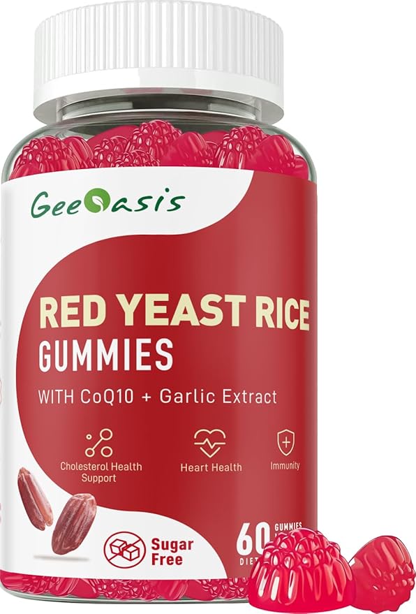 Red Yeast Rice with CoQ10 Gummies Sugar Free, Red Yeast Rice Supplement with Odorless Garlic Extract, Vitamin E, Vitamin D3 & K2, Cholesterol Support & Heart Health, Natural Mixed Berry Flavor, 60 Ct