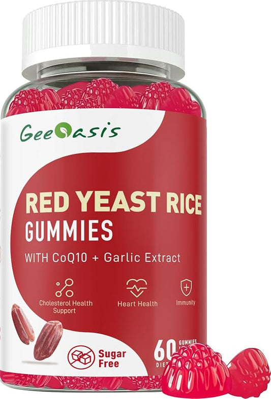 Red Yeast Rice with CoQ10 Gummies Sugar Free, Red Yeast Rice Supplement with Odorless Garlic Extract, Vitamin E, Vitamin D3 & K2, Cholesterol Support & Heart Health, Natural Mixed Berry Flavor, 60 Ct