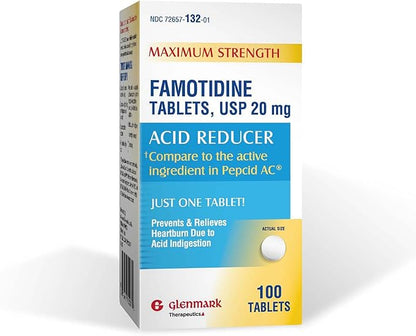 Glenmark Maximum Strength Famotidine Tablets, 20 mg, Acid Reducer for Heartburn Relief, 100 Count