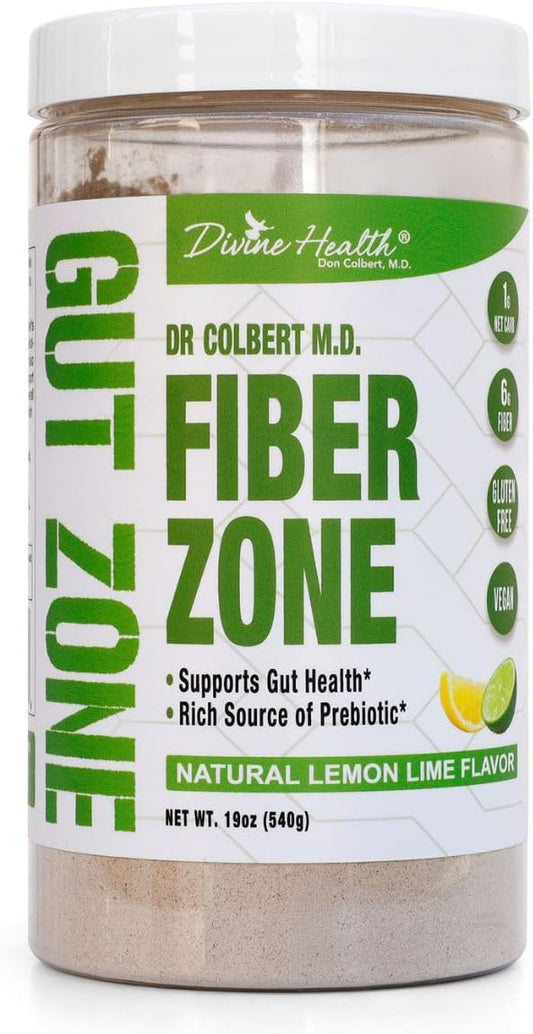 Dr Colbert MD Fiber Zone Powder | Lemon-Lime Flavor | Prebiotics, Isoluble & Soluble Fiber | Psyllium Husk | Inulin | Recommended in Keto Zone Diet & Healthy Gut Zone | 19 oz