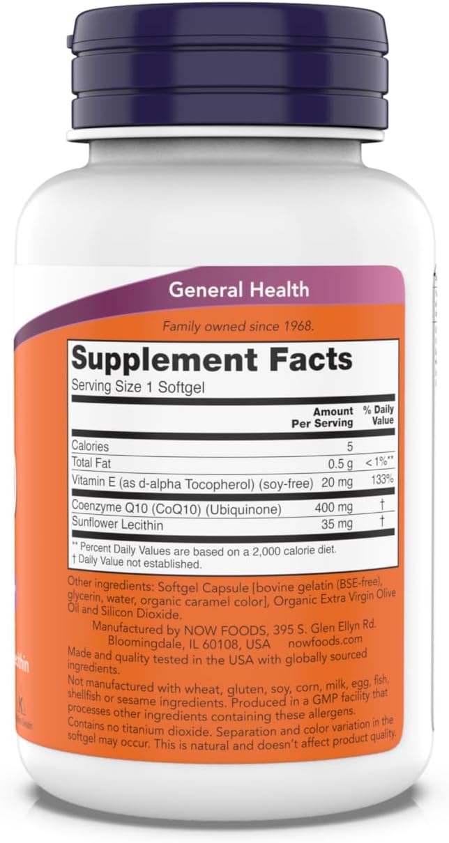 NOW Foods Supplements, CoQ10 400 mg, Pharmaceutical Grade, All-Trans Form Produced by Fermentation, 90 Softgels