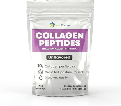 Collagen Peptides Powder with Hyaluronic Acid and Vitamin C, Promotes Hair, Nail, Skin, Bone and Joint Health, Unflavored Collagen Protein Powder, 30 Servings, 10,8 oz