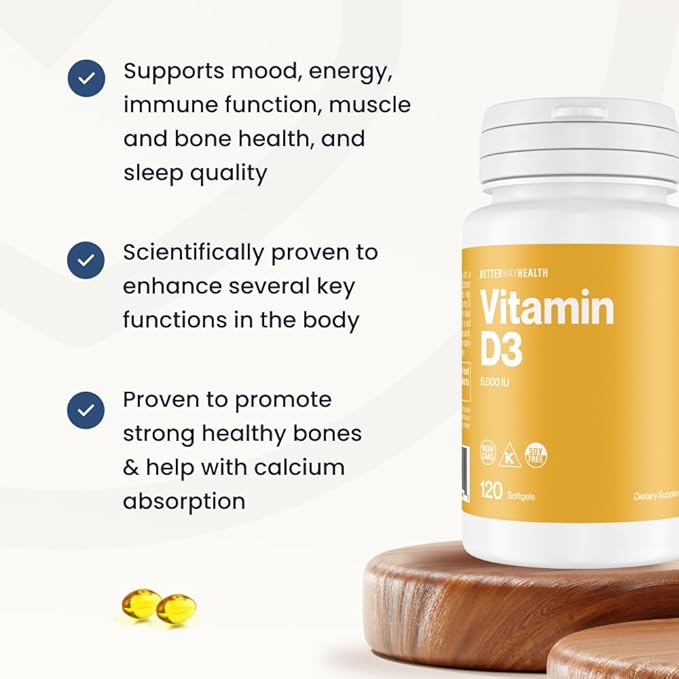 Better Way Health Vitamin D3 5000 IU – High Potency Softgel Vitamin D Supplement for Immune & Bone Health – Non-GMO, Dairy-Free, 120 Softgels