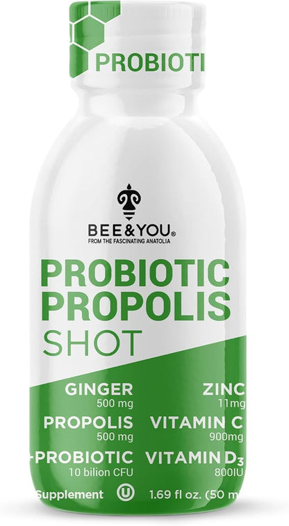 Bee and You Propolis Immune Shot, Probiotic, Vitamin C, Vitamin D3, Zinc, Ginger, Immune Support, Gut Health, Digestive Health, Bioactive 1.69 Fl. oz, 12 Pack