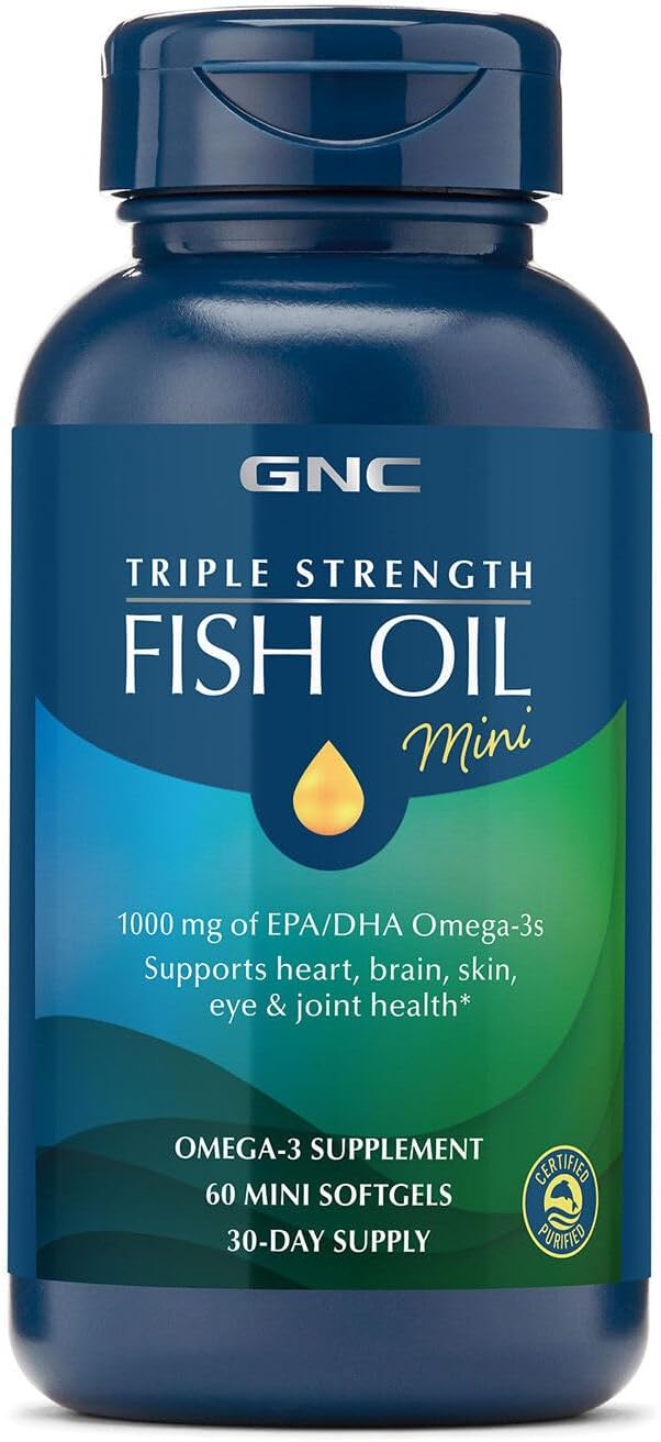 GNC Triple Strength Fish Oil Mini Omega 3 Supplement, 1000mg EPA and DHA, Supports Heart, Brain, Skin, Eye and Joint Health, 60 Mini Softgels