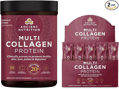 Ancient Nutrition Multi Collagen Protein Powder, Unflavored, 45 Servings + Multi Collagen Protein Powder Packets, Unflavored, 40 Packets