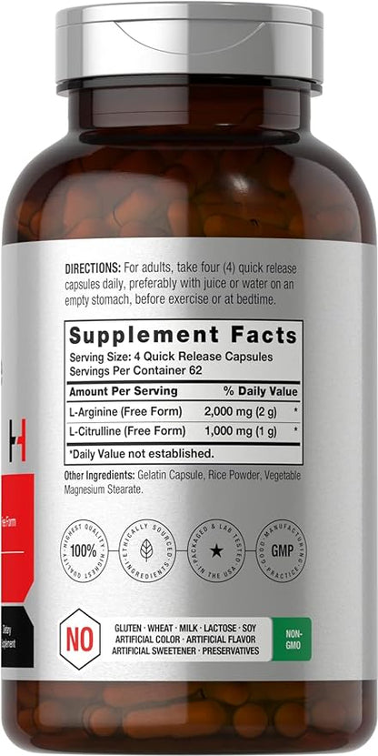 Horbäach L-Arginine L-Citrulline Complex | 3000mg | 250 Capsules | Non-GMO, Gluten Free Supplement