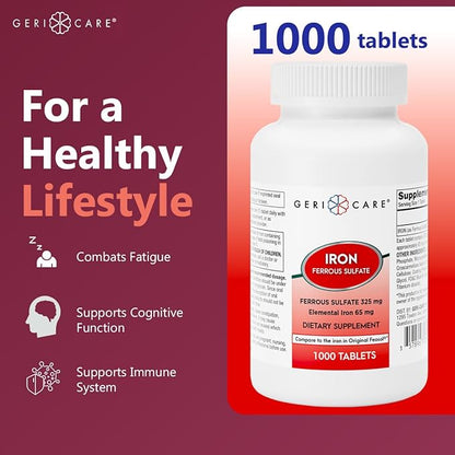 GeriCare Ferrous Sulfate Tablets 325mg, Elemental Iron 65 mg High Potency Iron Supplement | Dietary Supplement 1000 Count. (Pack of 1)