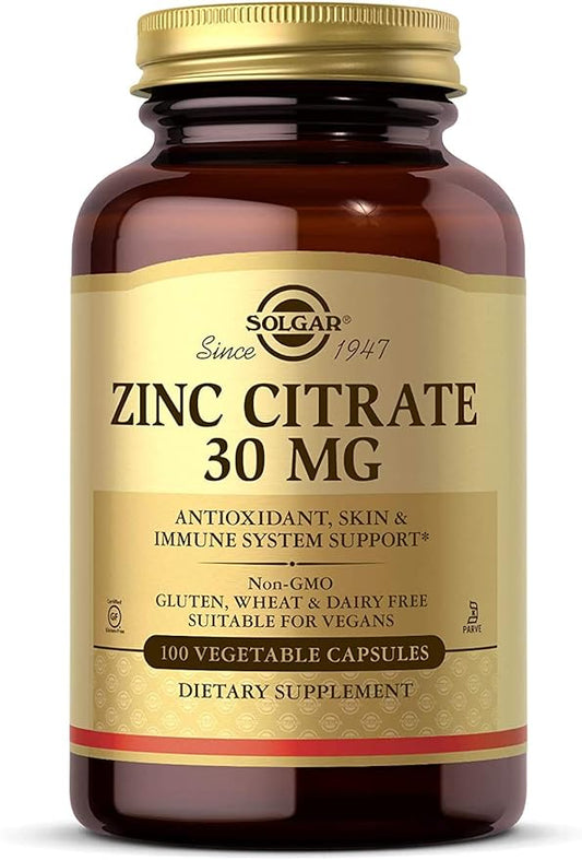 Solgar Zinc Citrate Vegetable Capsules, 100 Count, Non-GMO, Gluten Free, and Kosher, Supports Immune System Health, Healthy Skin and Eyes, Normal Taste and Vision
