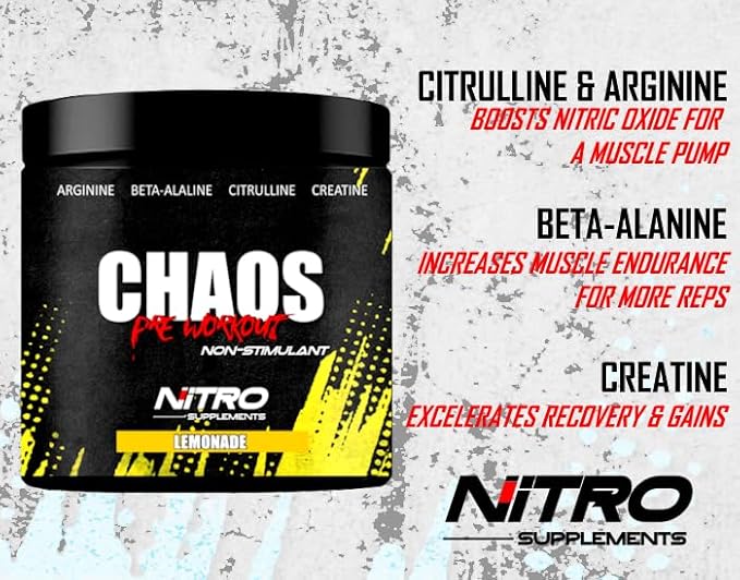 Nitro Supplements - Chaos - Non Stim Pre-Workout (30 Sevings) Beta-Alanine, L-Citrulline, Arginine, Creatine, Taurine Stim-Free Non-Stimulant (30 Servings, Lemonade)