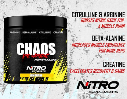 Nitro Supplements - Chaos - Non Stim Pre-Workout (30 Sevings) Beta-Alanine, L-Citrulline, Arginine, Creatine, Taurine Stim-Free Non-Stimulant (30 Servings, Lemonade)