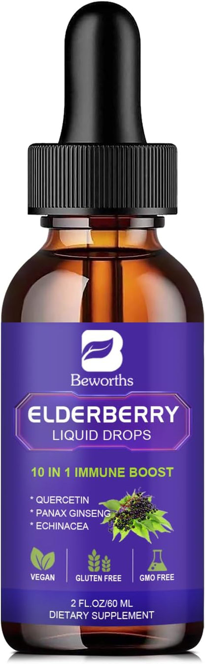 2 Pack Elderberry Syrup, Black Elderberry Drops with Quercetin, Panax Ginseng, Vitamin C and Zinc, Sambucus Elderberry Syrup Liquid for Immune Support, Vegan, Non-GMO & Gluten Free