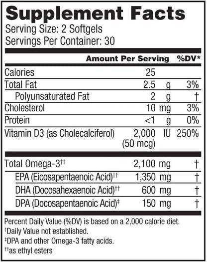 Oceanblue Professional Omega-3 2100 with Vitamin D3 – 120 ct - 2pack – Triple Strength Burpless Fish Oil Supplement with High-Potency EPA, DHA, DPA and Vitamin D3 – Wild-Caught – Orange Flavor