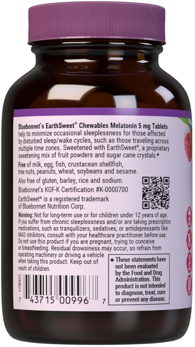 Bluebonnet EarthSweet Melatonin 5 mg Fast-Acting Quick Dissolve Nighttime Relaxation & Restful Sleep Support - Sleep Aid - Gluten-Free, Vegan - Raspberry Flavor - 60 Chewable Tablets