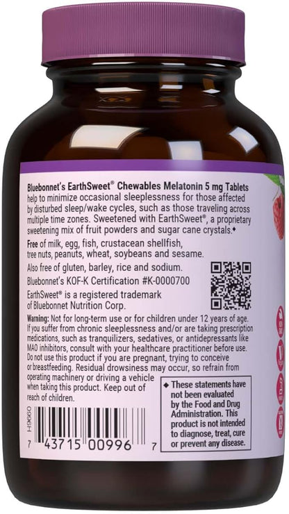 Bluebonnet EarthSweet Melatonin 5 mg Fast-Acting Quick Dissolve Nighttime Relaxation & Restful Sleep Support - Sleep Aid - Gluten-Free, Vegan - Raspberry Flavor - 60 Chewable Tablets