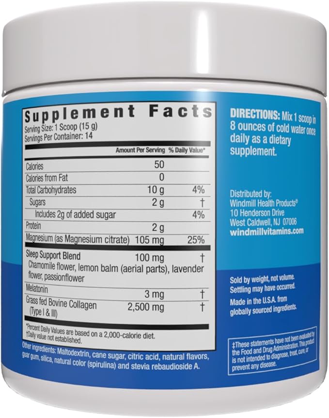 Windmill Natural Vitamins Collagen Sleep Support, with Melatonin, Chamomile, Lemon Balm, Supports Hair, Skin and Nails, Type I & III Grass Fed Collagen, Sleep Support, Blue Raspberry Flavor