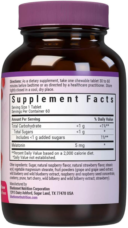 Bluebonnet EarthSweet Melatonin 5 mg Fast-Acting Quick Dissolve Nighttime Relaxation & Restful Sleep Support - Sleep Aid - Gluten-Free, Vegan - Raspberry Flavor - 60 Chewable Tablets