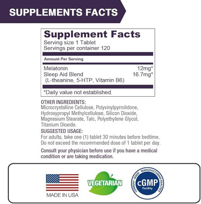Lovita Melatonin 12 mg Fast Dissolve Tablets, Exclusive Formula with Vitamin B6, L-Theanine and 5-HTP 120 Tablets