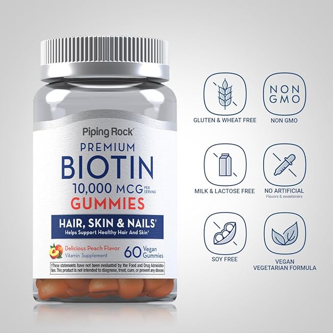 Piping Rock Biotin 10000mcg Gummies | 60 Count | Hair Skin and Nails | Vegan Formula | Peach Flavor | Premium Vitamin Supplement | Non-GMO, Gluten Free