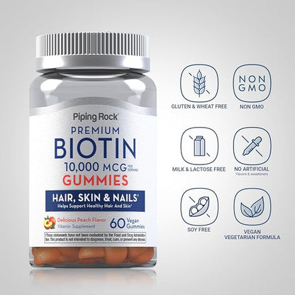 Piping Rock Biotin 10000mcg Gummies | 60 Count | Hair Skin and Nails | Vegan Formula | Peach Flavor | Premium Vitamin Supplement | Non-GMO, Gluten Free